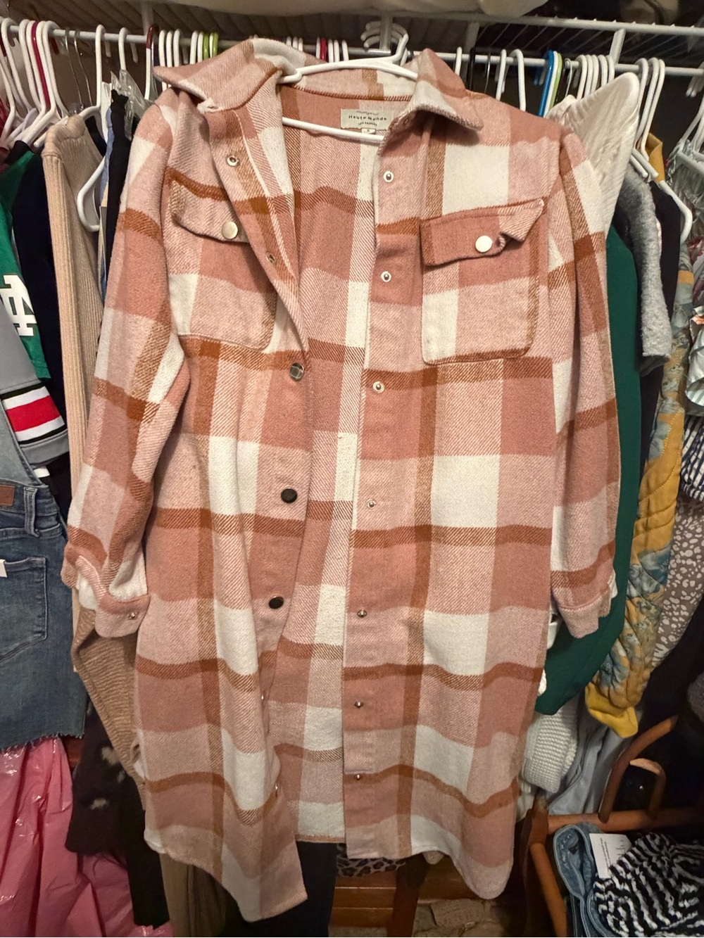 Haute Monde Pink and Cream Plaid Long Shacket